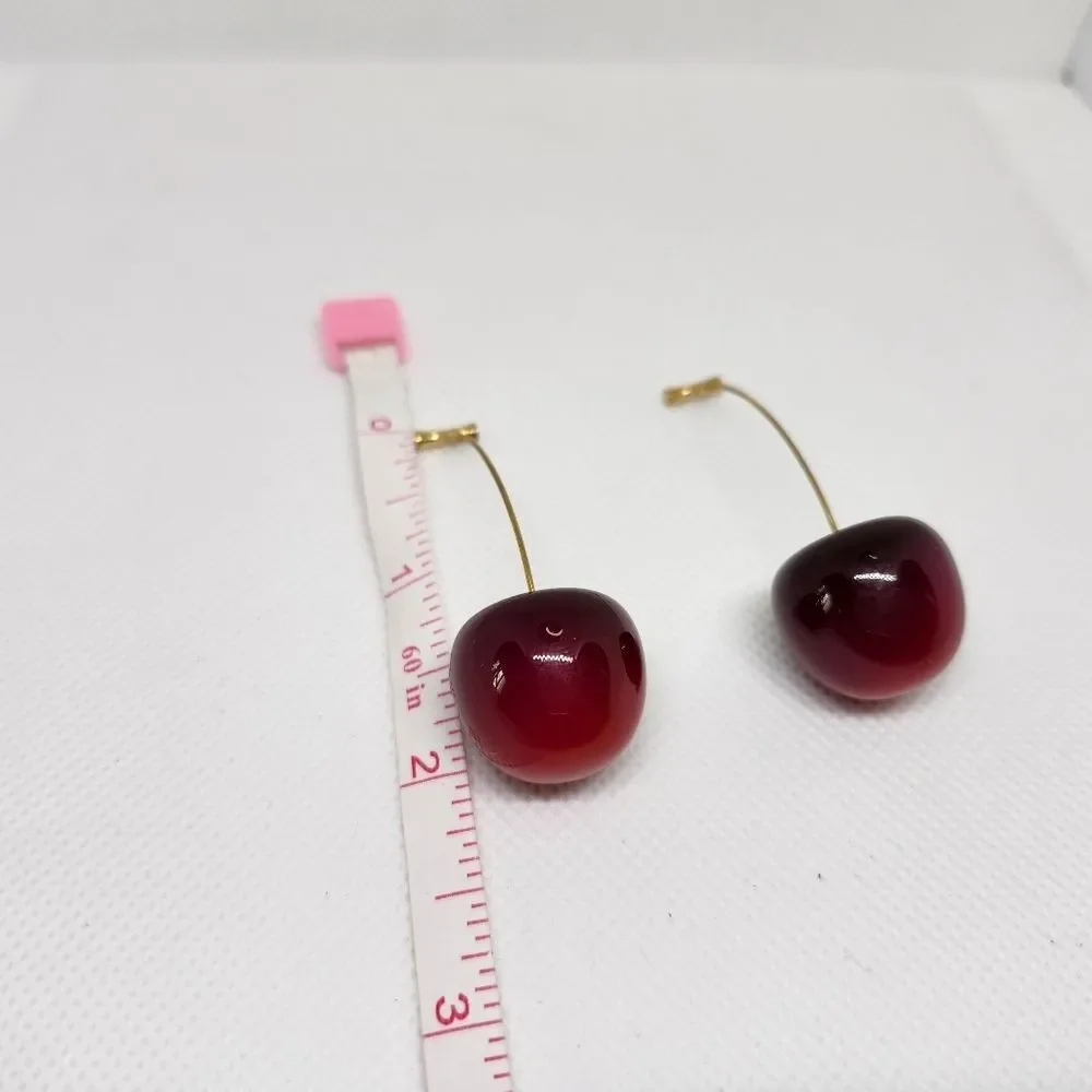 Cherry Drop Earrings Dangle Gold Brushed Sterling Silver Hook Statement Jewelry - Picture 6 of 8